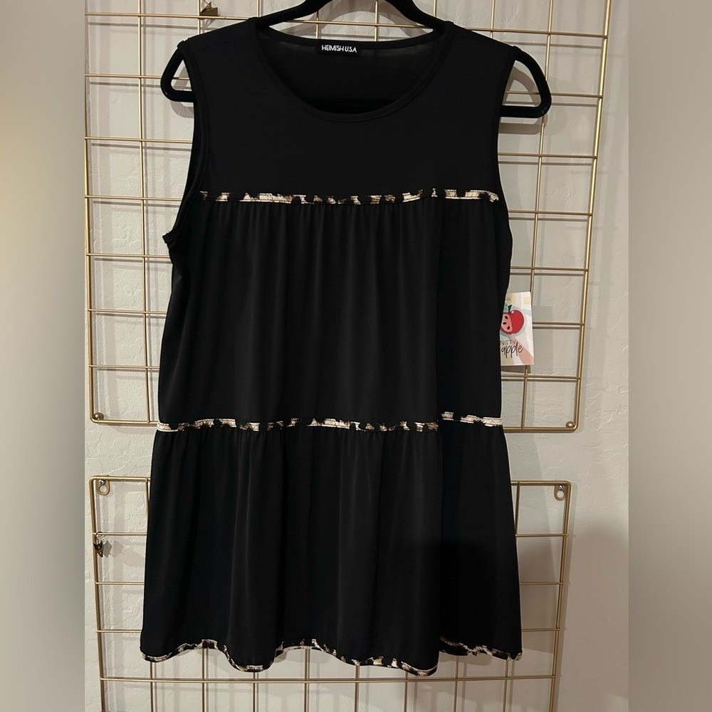 Heimish USA Black Leopard Trim Tiered Sleeveless Babydoll Tunic Top Size Medium